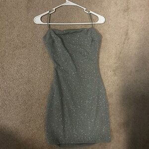Windsor Glittered Sage Green Spaghetti Strap Mini Dress